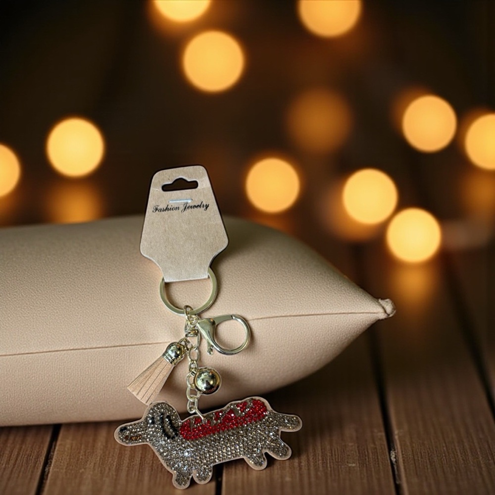 Fashion Jewelry Sparkling Dachshund Keychain with Red and Brown Sparkle - Picture 3 of 7